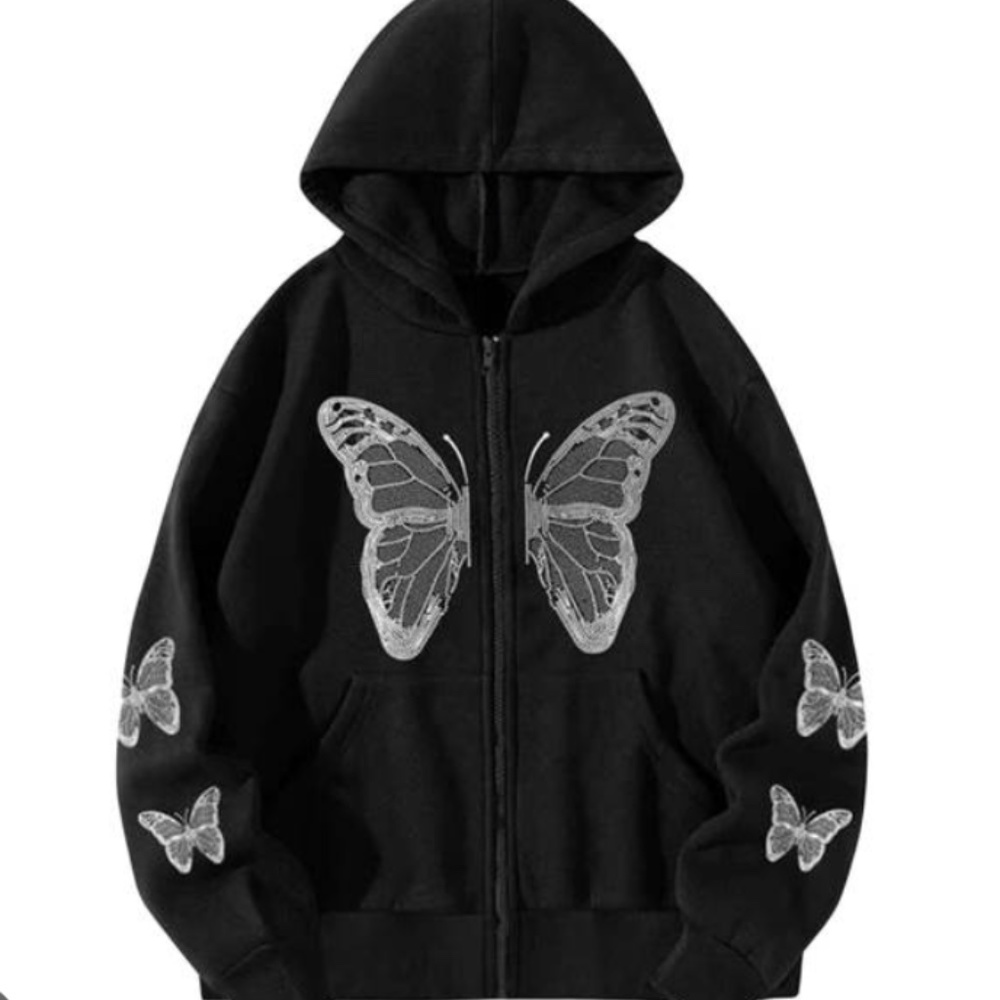Gray Zip Up y2k Butterfly Oversized Hoodie